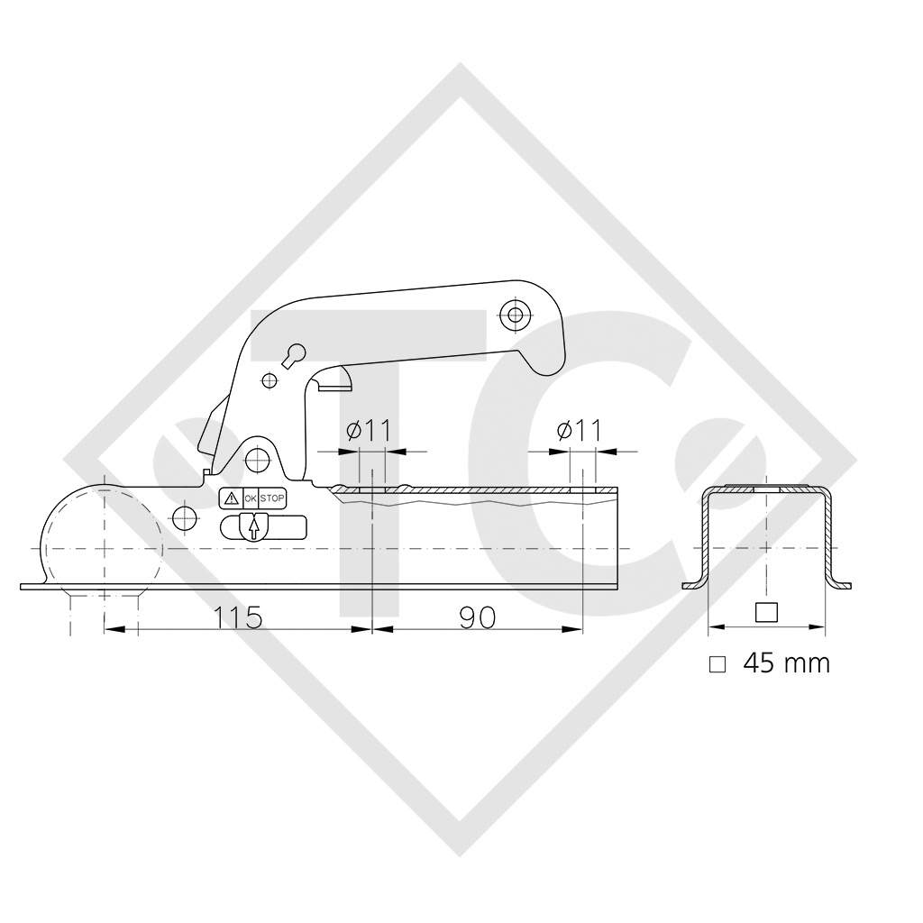 Kugelkupplung WW 8-D45 mit Halter für ungebremste Anhänger