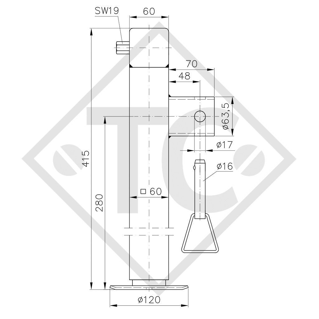 Stützfuß Spindel 60x60mm vierkant, seitlich schwenkbar, SF 60-19-280, passend für alle gängigen Anhängertypen