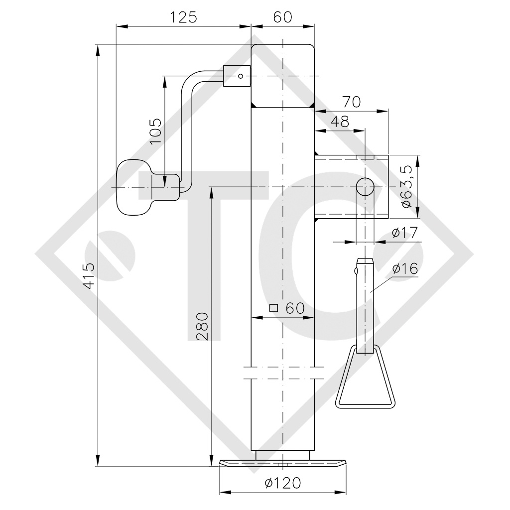 Steady leg, spindle 60x60mm square, pivoting sideways, SF 60-280, suitable for all trailer types