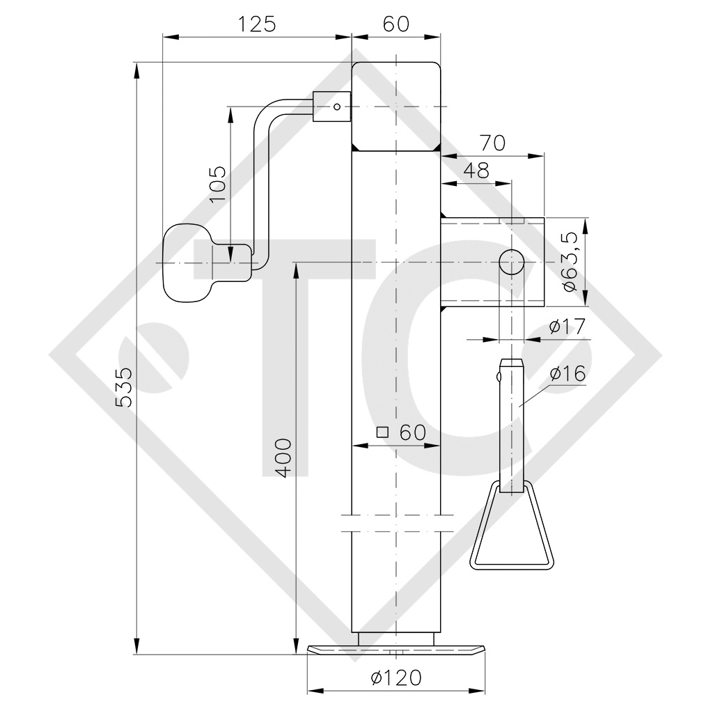 Apoyo con husillo 60x60mm cuadrado, abatible lateralmente, SF 60-400, para los remolques convencionales