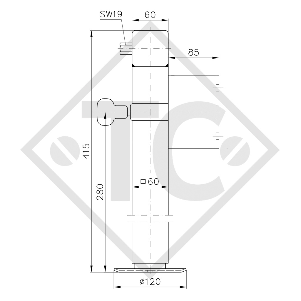 Piedino di stazionamento mandrino 60x60mm quadro, girevole lateralmente, SF-60-D85-19-280+ADAP, idonei a tutti i tipi di rimorchio