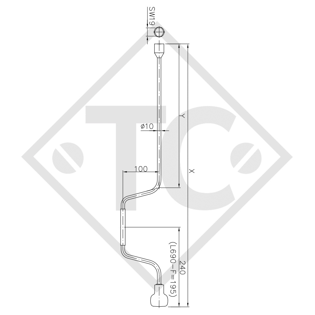 Manovelle tipo HKB SW 19 (larghezza chiave 19)-L690-F, idonei a tutti i tipi di rimorchio