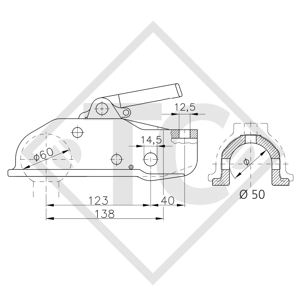 Special coupling head WW 300-H only suitable for ø60mm balls for braked trailers