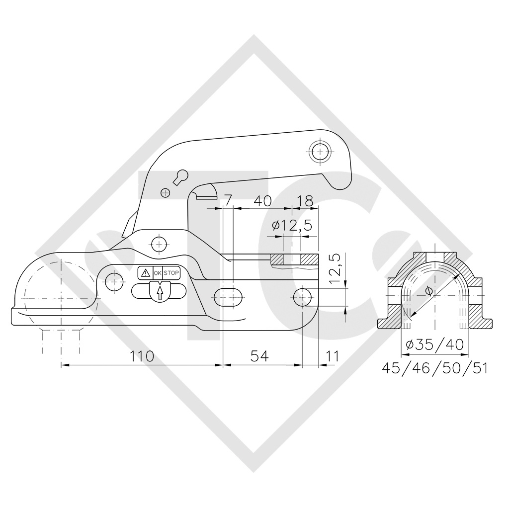 Tête d’attelage universelle WW 30-K pour remorques freinées 35, 40, 45, 46, 50, 51mm