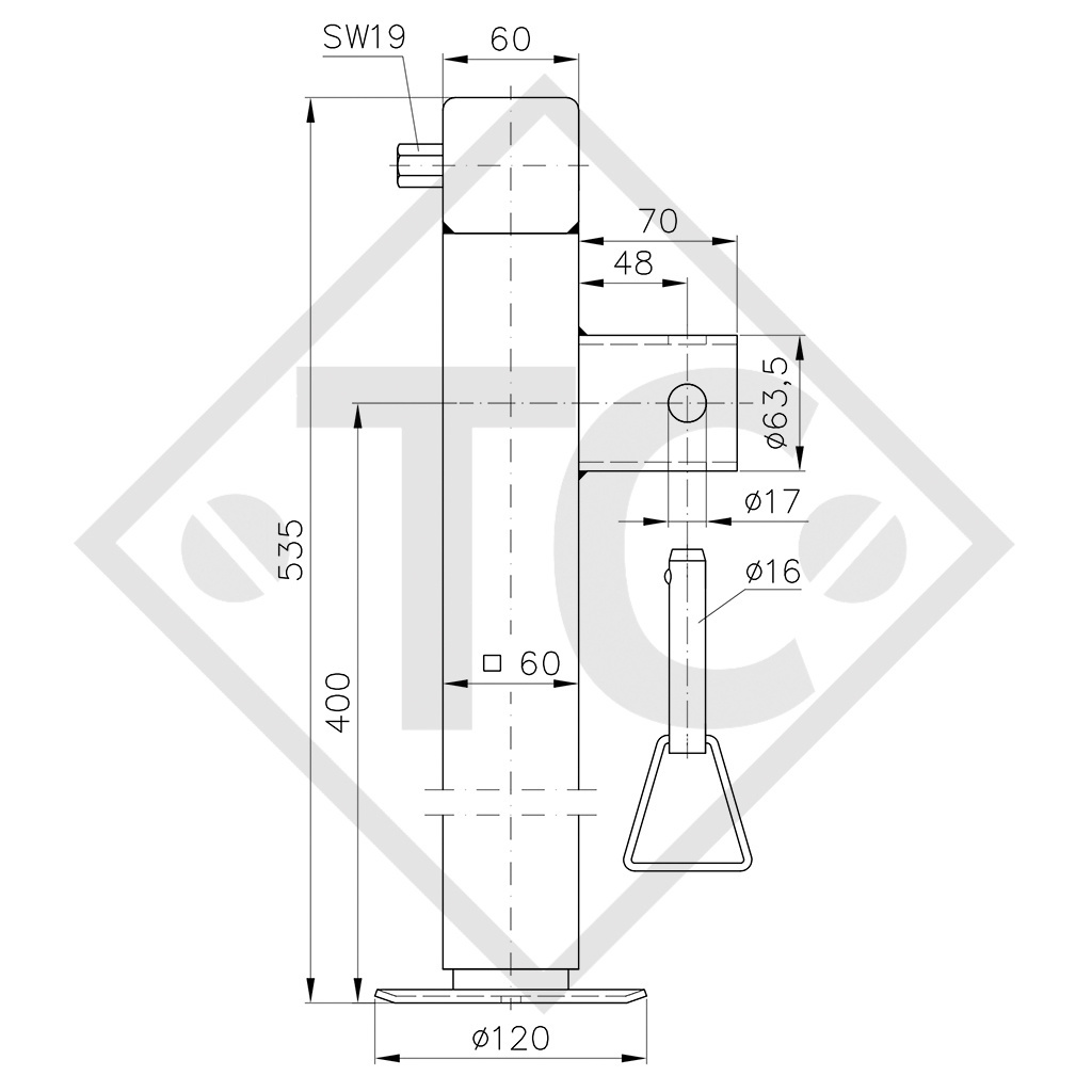 Béquille basculables 60x60mm carré, basculable de côté, SF 60-19-400, pour tous types courants de remorques
