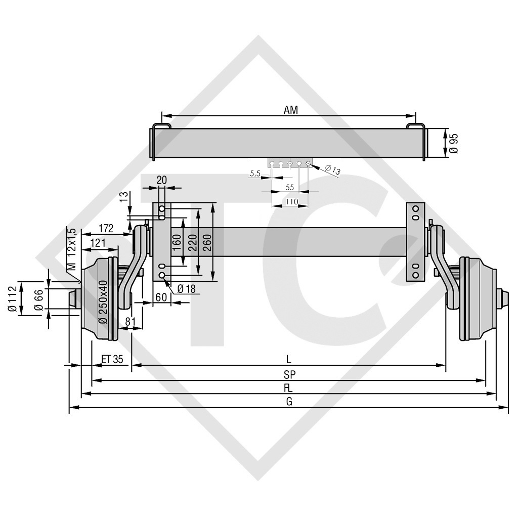 Eje con freno SWING 1800kg tipo de eje CB 1805, 46.32.368.038