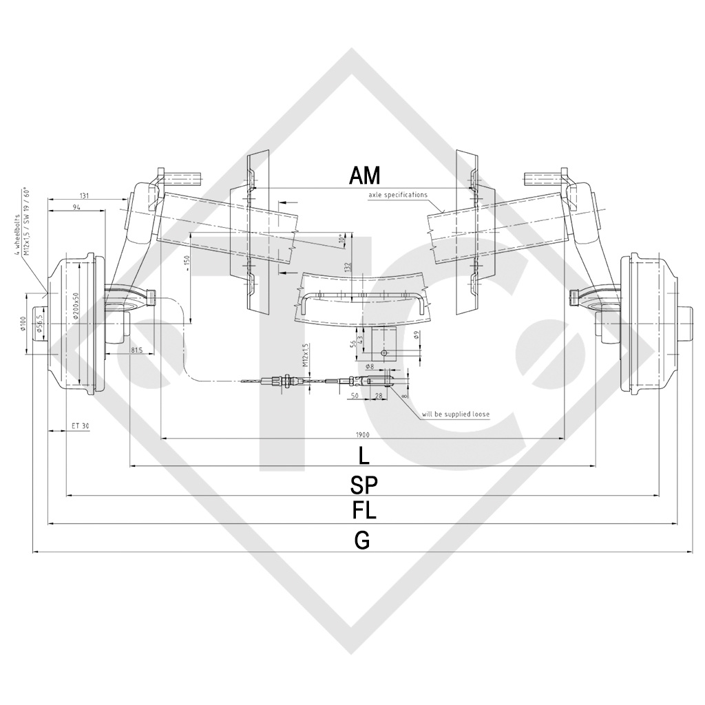 Assale frenato 1050kg / 1400kg tipo di assale SCB 1054, 46.21.379.917, Dethleffs Beduin - RIPRODUZIONE, NON PIÙ DISPONIBILE COME ORIGINALE!