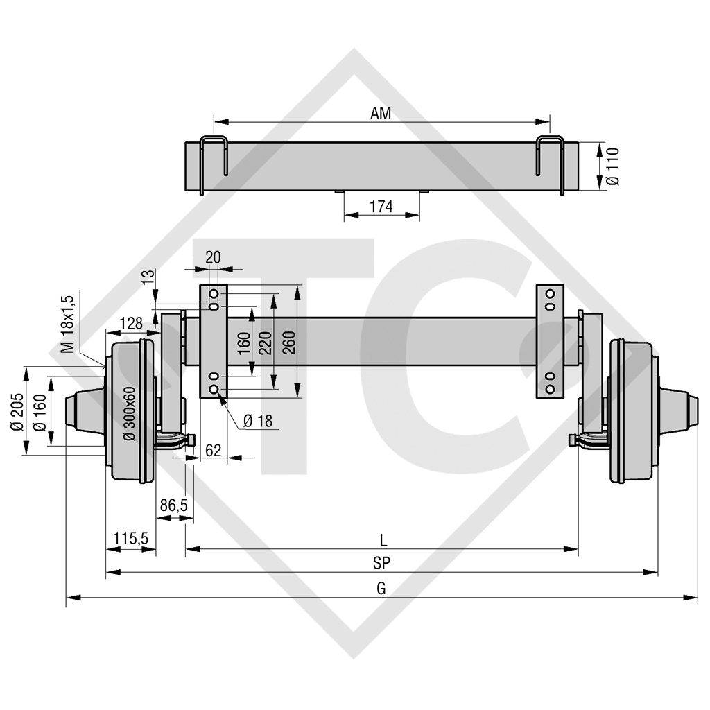 Essieu SWING 2500kg freiné type d'essieu CS 2506, 46.41.373.100