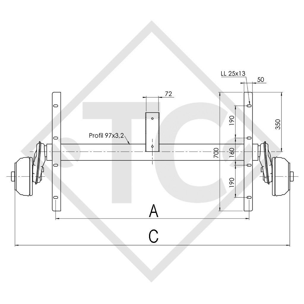 Braked axle 1200kg EURO COMPACT axle type B 1200-3