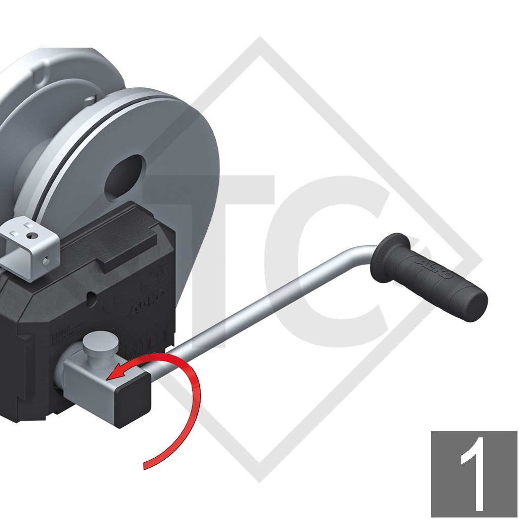 Cable winch PLUS 1150kg, type 1201 with automatic weight brake, with automatic unwinder, fitted with 12.5 meter strap for towing