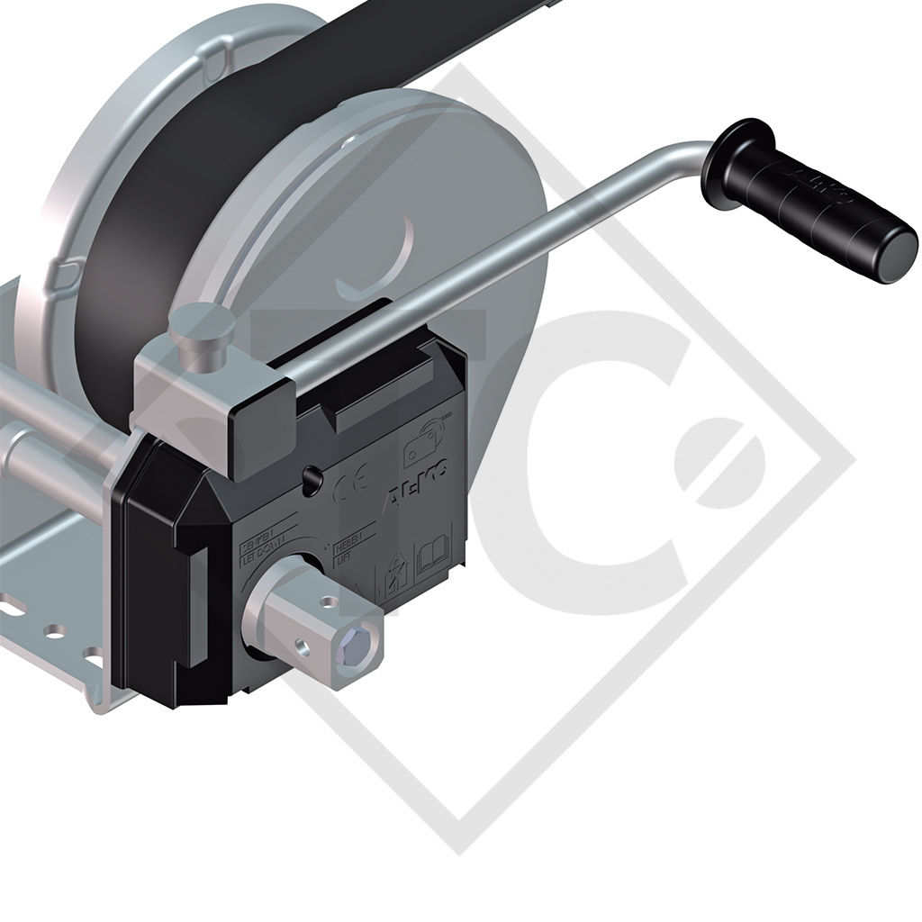 Cable winch PLUS 1150kg, type 1201 with automatic weight brake, with automatic unwinder, fitted with 12.5 meter strap for towing