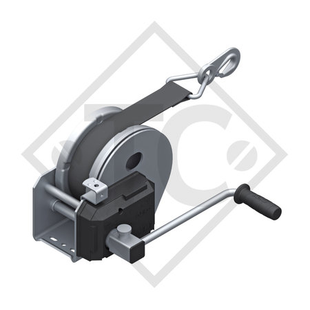 Cable winch PLUS 1150kg, type 1201 with automatic weight brake, with automatic unwinder, fitted with 12.5 meter strap for towing