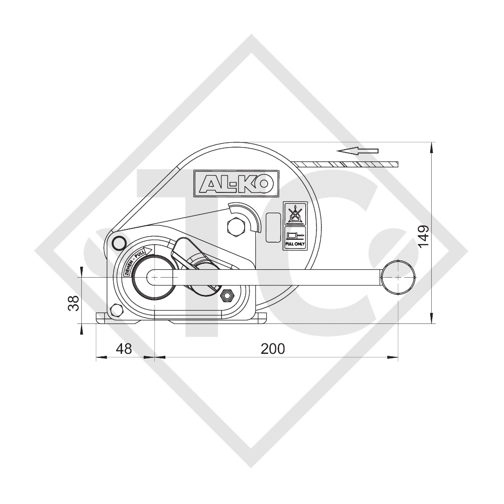 Cable winch BASIC 450kg, type 450 A Basic with automatic weight brake, with automatic unwinder, fitted with 6 meter strap for towing