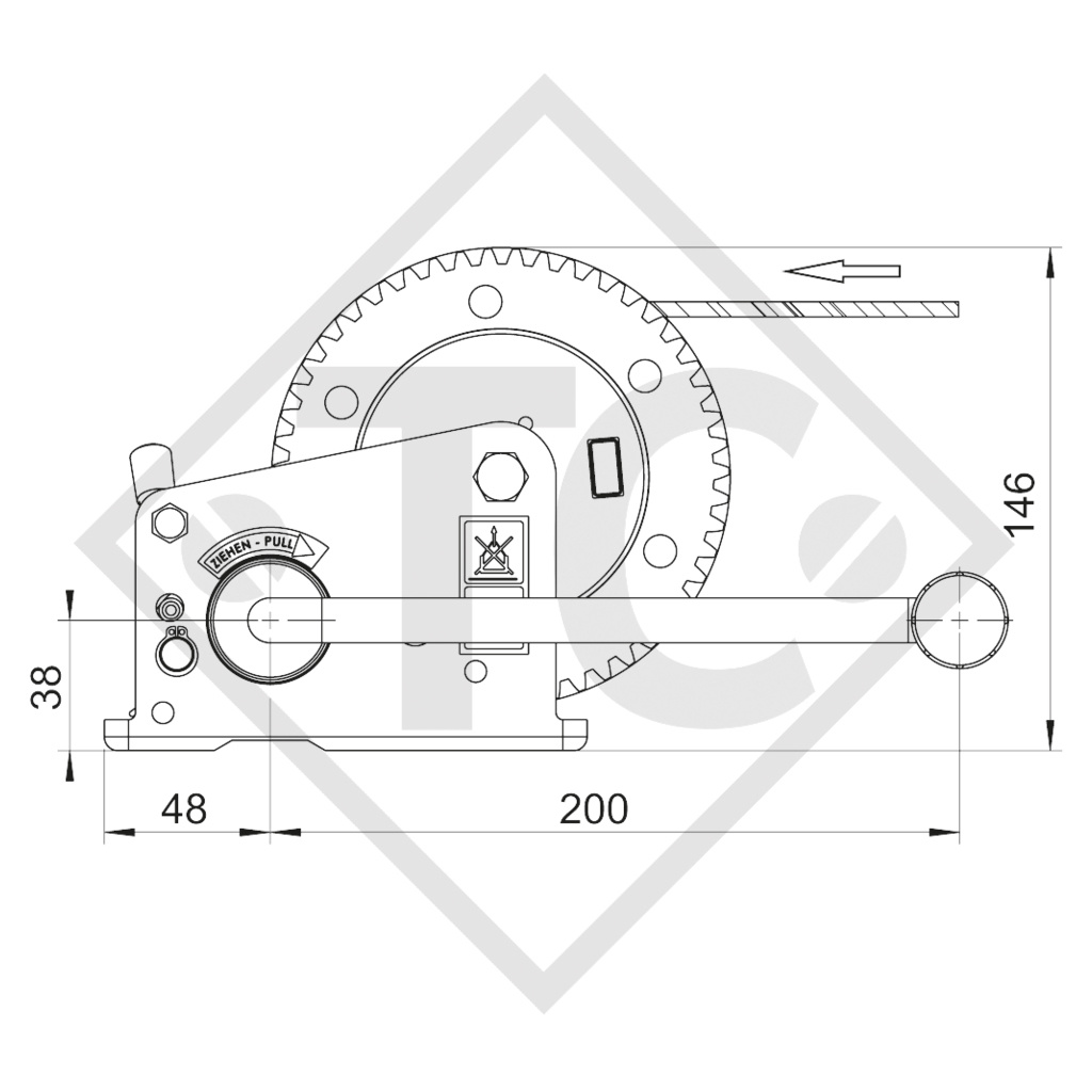 Cabrestante con gatillo BASIC 500kg, modelo 500 A sin freno automático, con 7 medidores de eslinga montada para arrastre, manivela desmontable, sin embalar