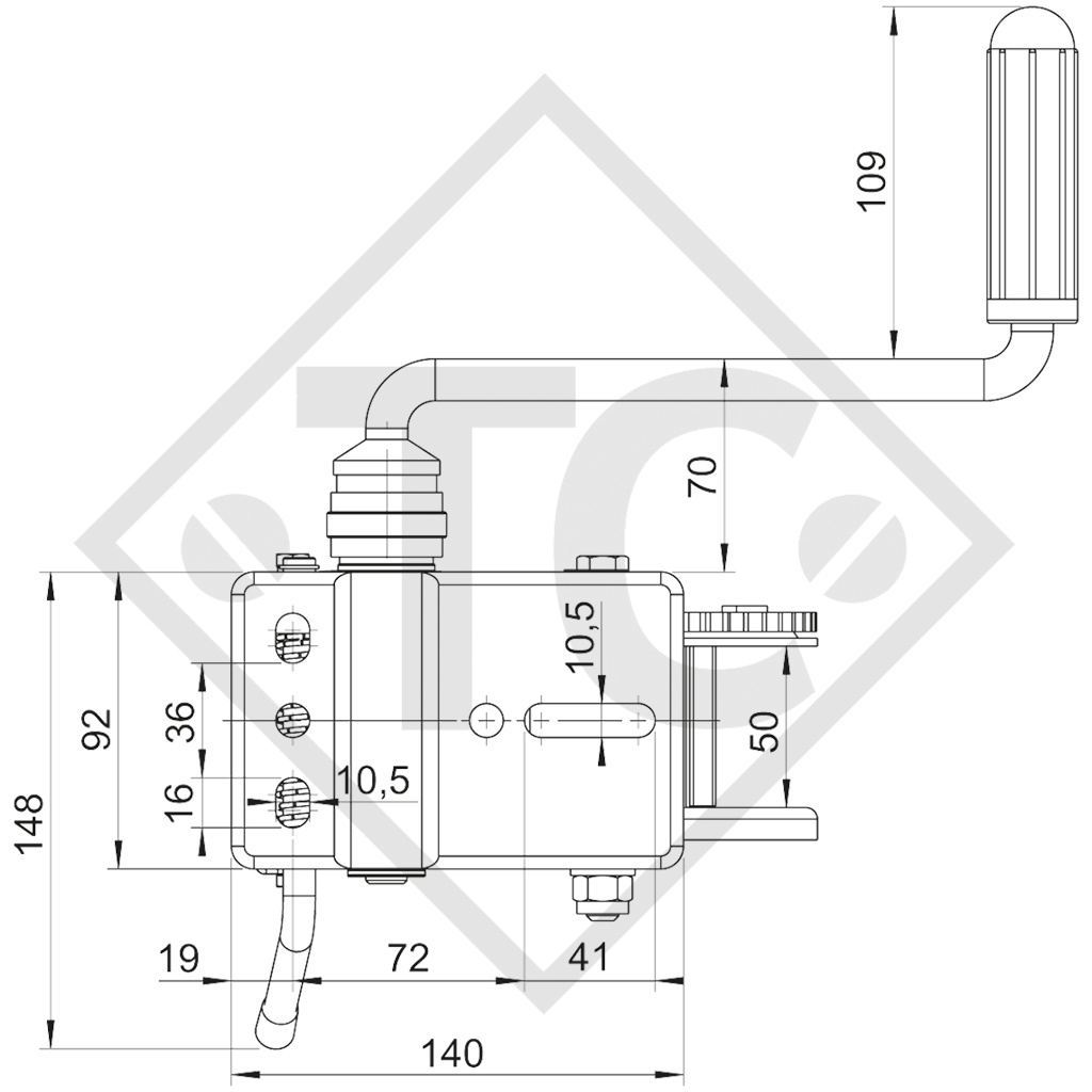 Treuil de halage BASIC 500kg, type 500 A sans dispositif de freinage automatique, avec sangle 7 mètres montée pour le halage, manivelle amovible, non emballée