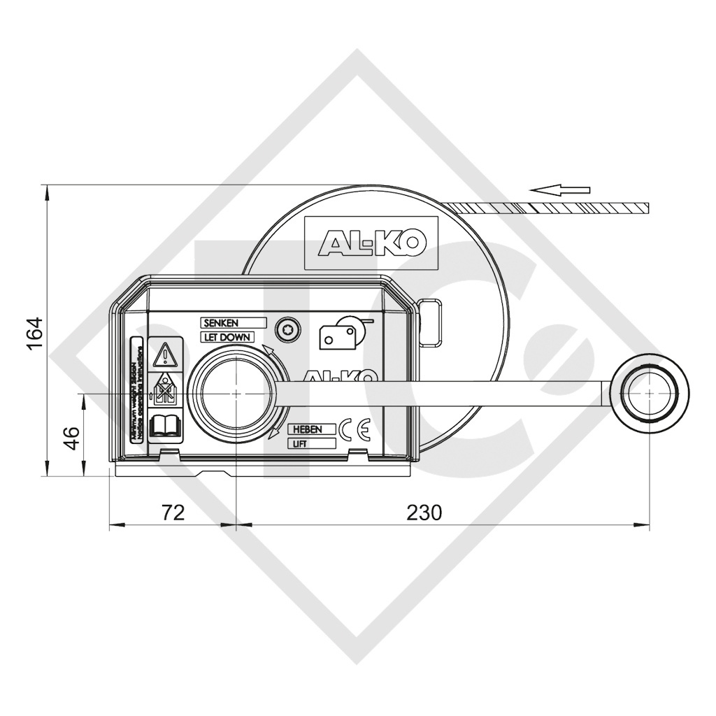 Cabrestante PLUS 500kg, modelo 501 con freno automático, sin desenrollador automático, con 20 medidores de cable montado para elevación, sin embalar