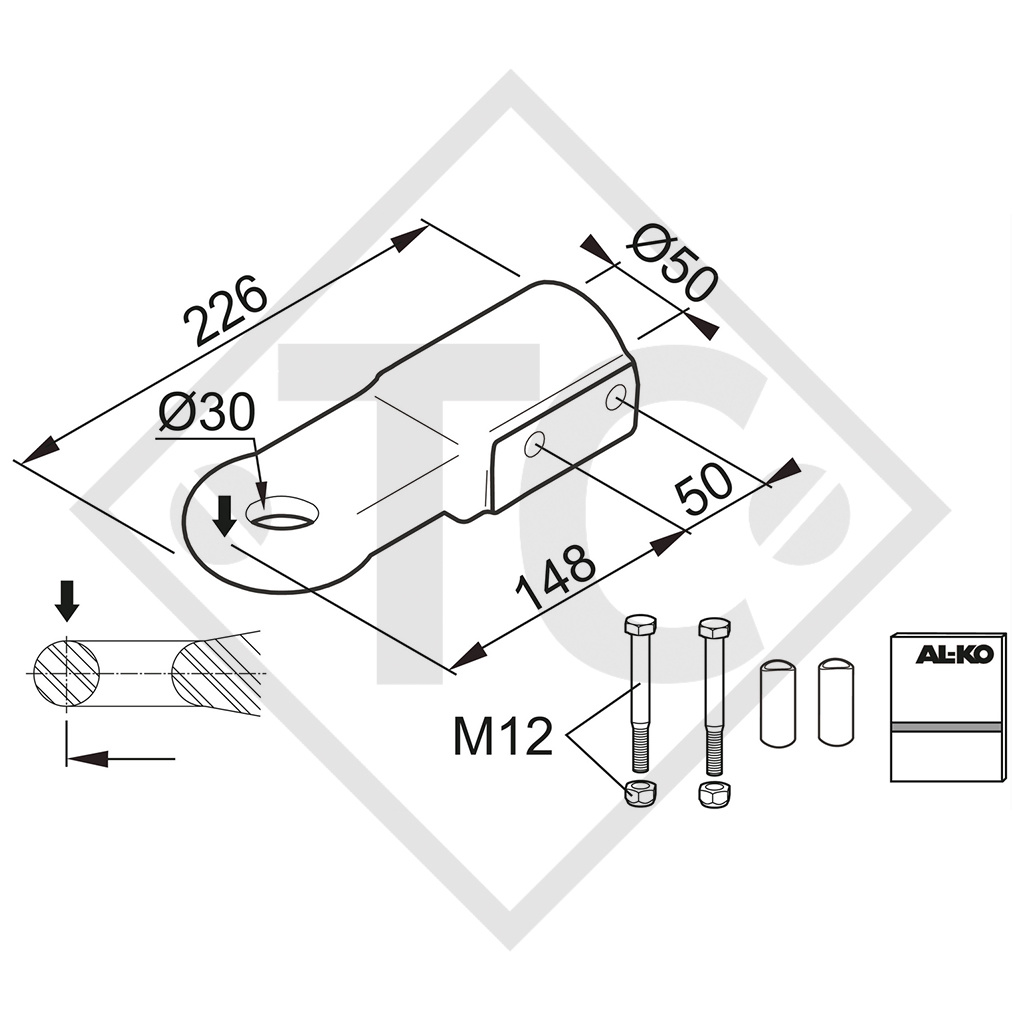 Zugöse E30/A England ø30mm Ausführung A, aufschiebbar, mit Schraubmaterial