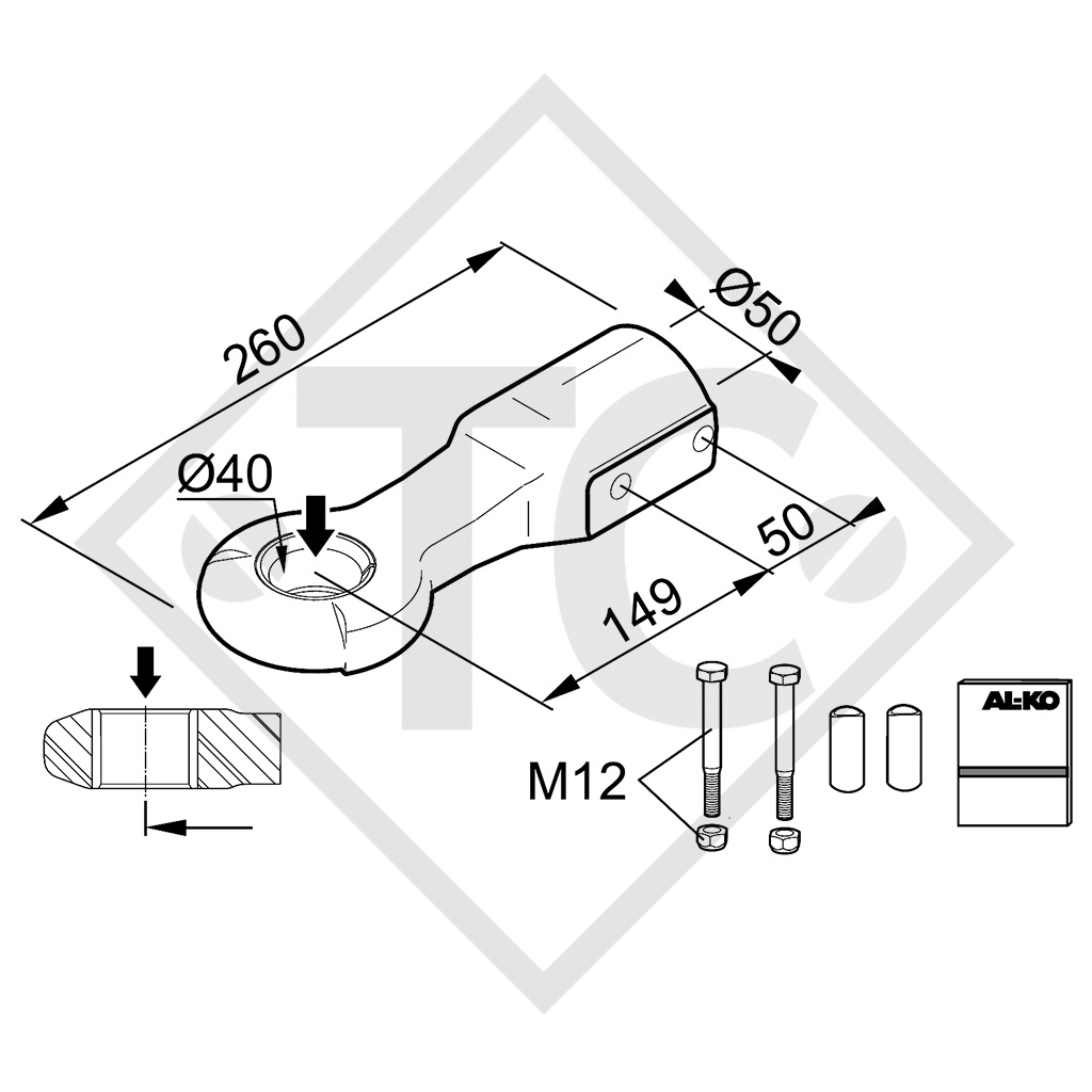 Drawbar eye D40/F DIN ø40mm vers. F, external mounting, with fixing bolts