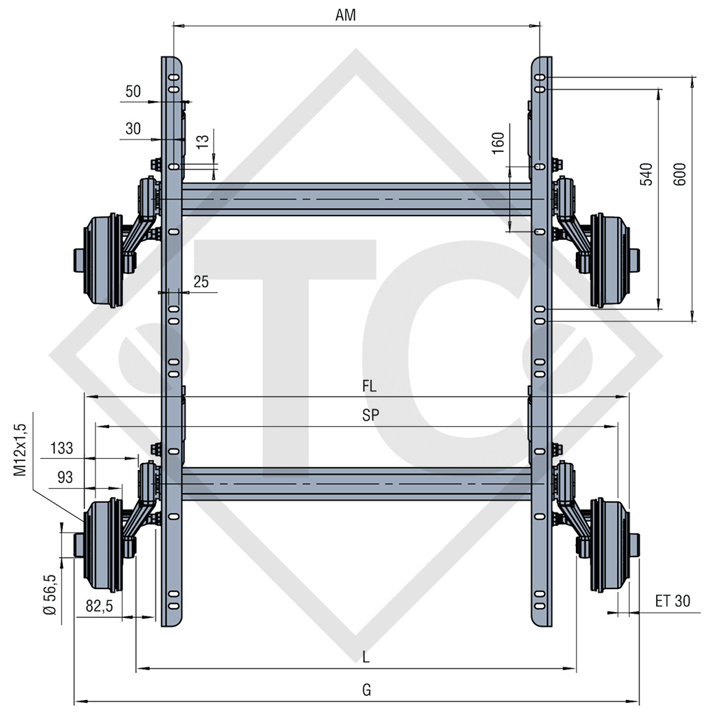 Conjuntos ejes tándem con freno 2100kg SWING tipo de eje CB 2/1054, 49.21.379.130