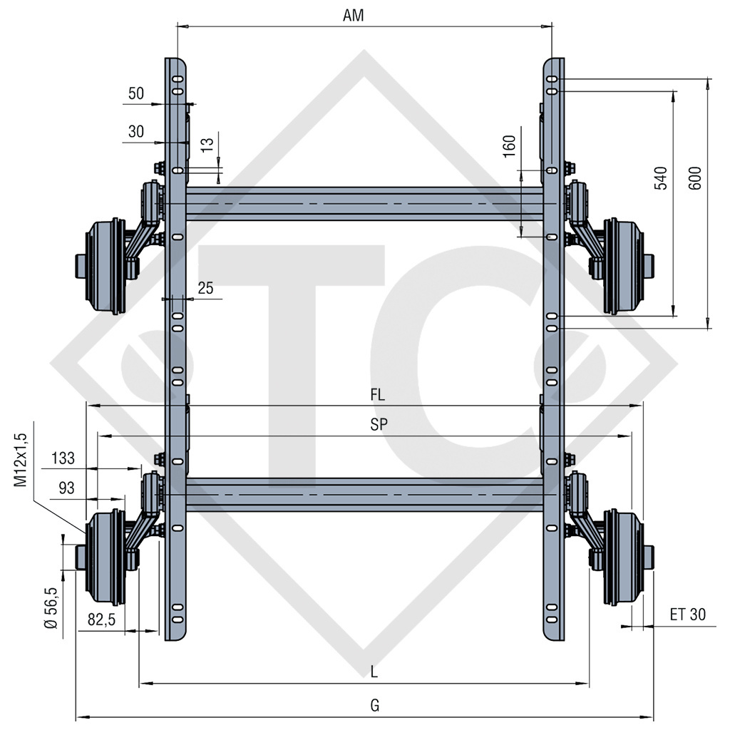 Conjuntos ejes tándem con freno 2100kg SWING tipo de eje CB 2/1054, 49.21.379.132