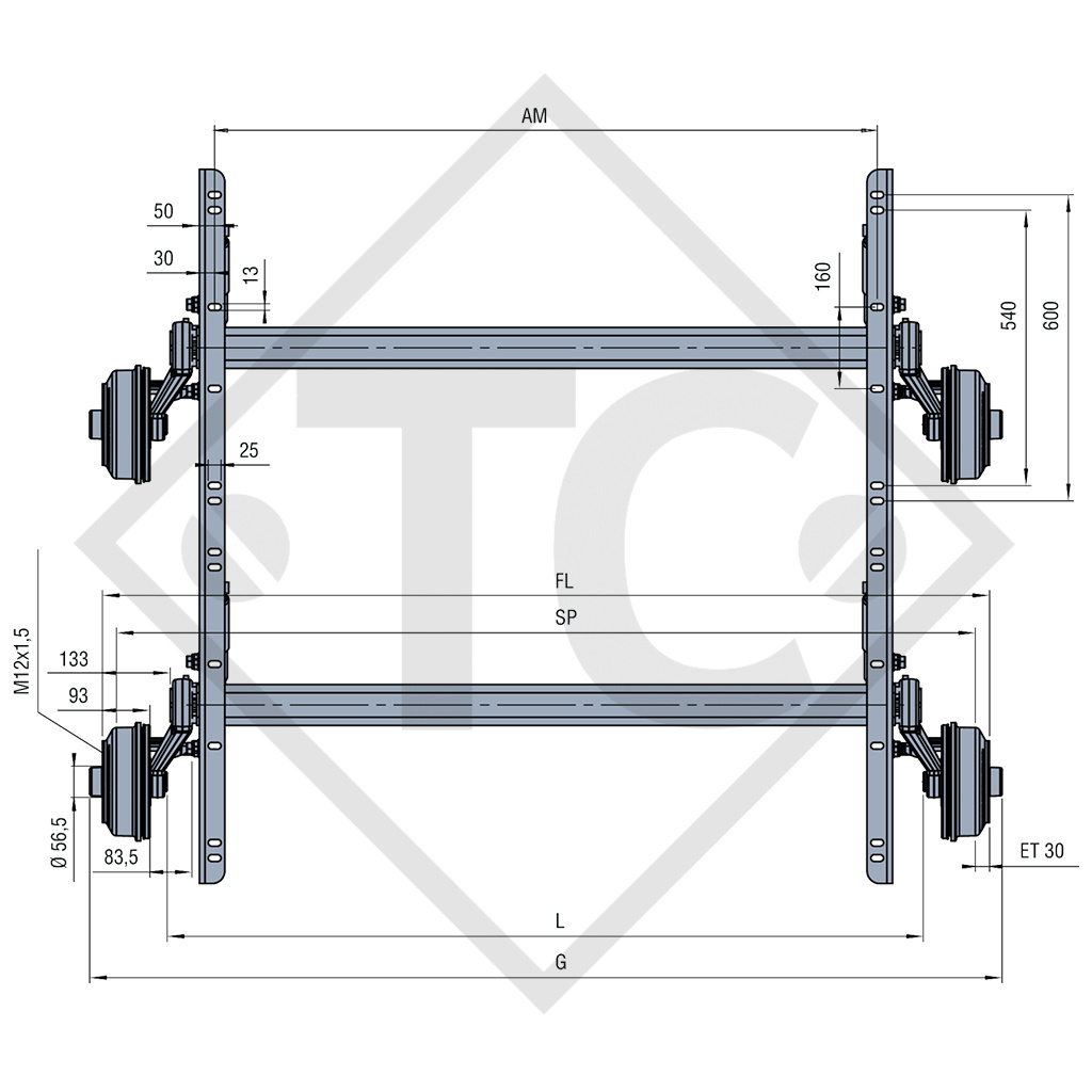 Braked tandem axle unit 3000kg SWING axle type CB 2/1505, 4021490