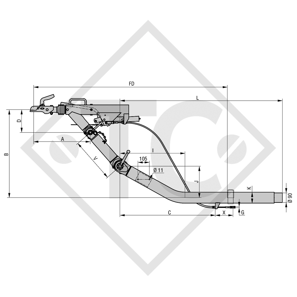 Commande de freinage ZKV 13.1 B avec timon freiné AK 1308 réglable en hauteur, avec profil timon 650 à 1300kg, 47.24.471.086