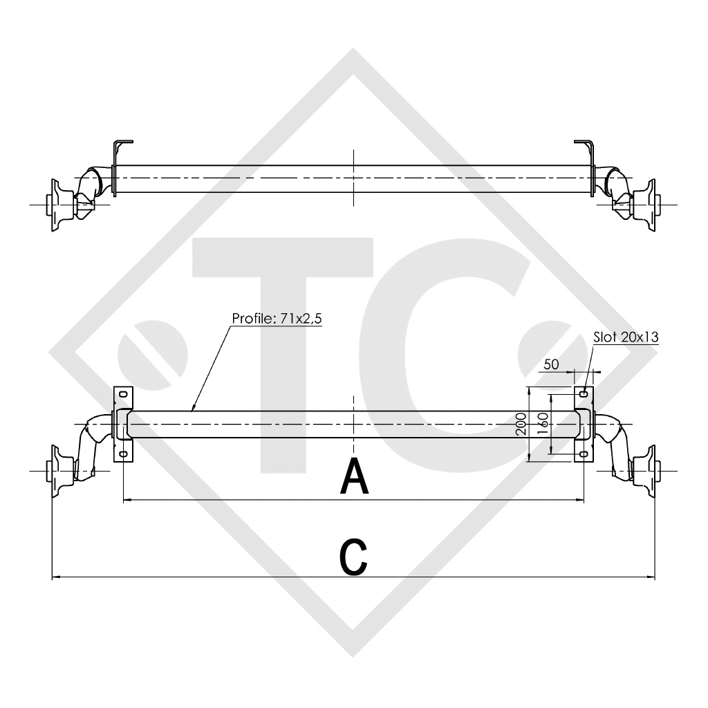 Unbraked axle 750kg PLUS OPTIMA axle type 700-5 high axle bracket