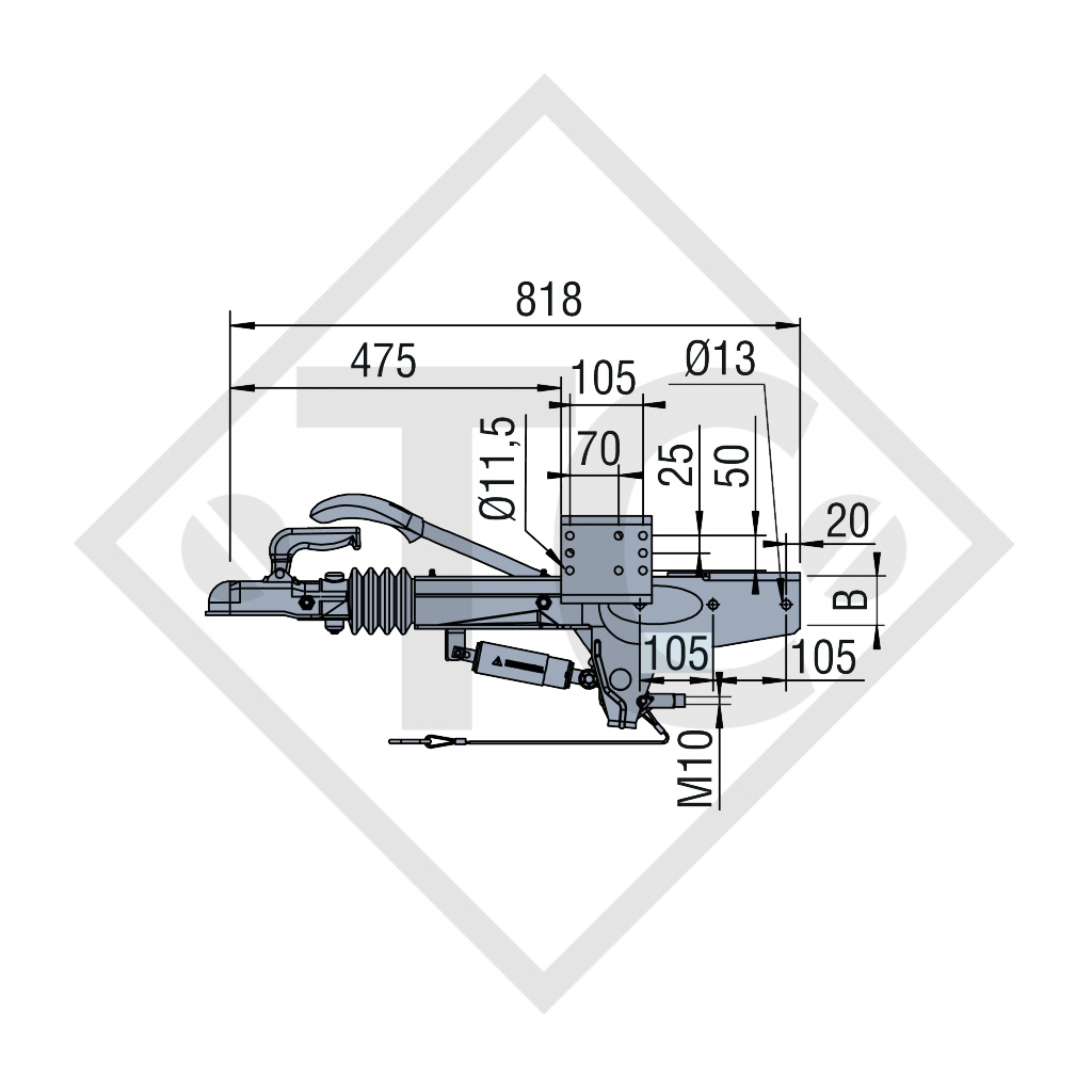 Overrun device square type ZAAQ 1.35-3, 750 to 1350kg, 48.25.981.000