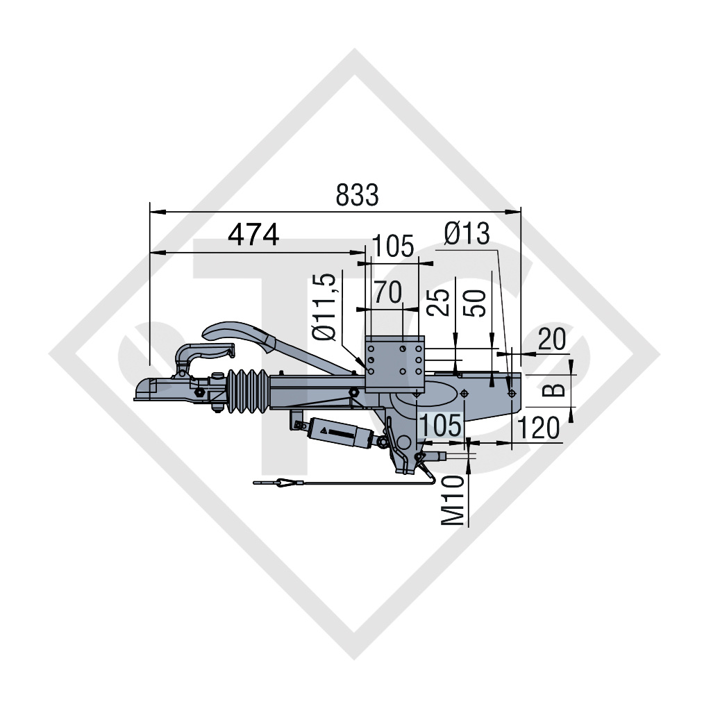 Overrun device square type ZAAQ 1.6-3, 800 to 1600kg, 48.29.981.001