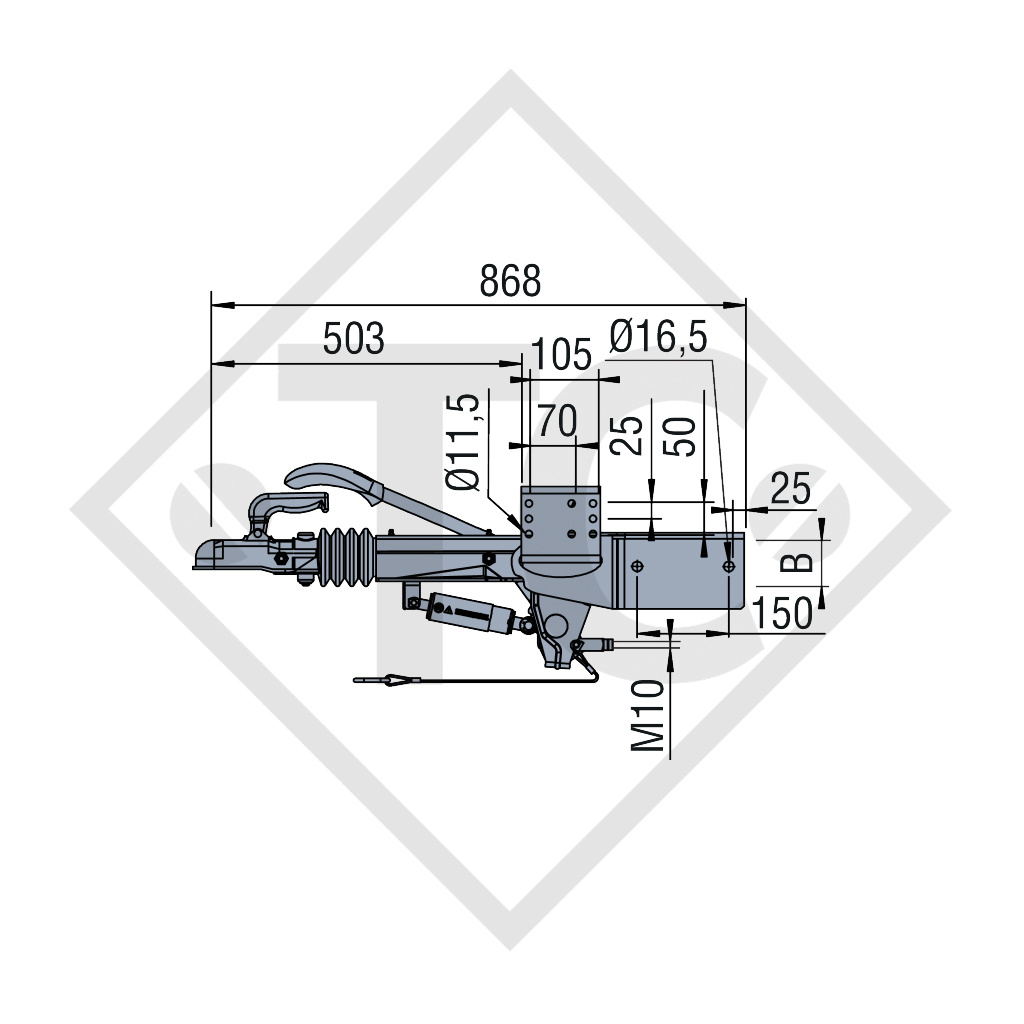 Commande de freinage pour timon carré type ZAAQ 2.5-3, 1350 à 2500kg, 48.41.981.000