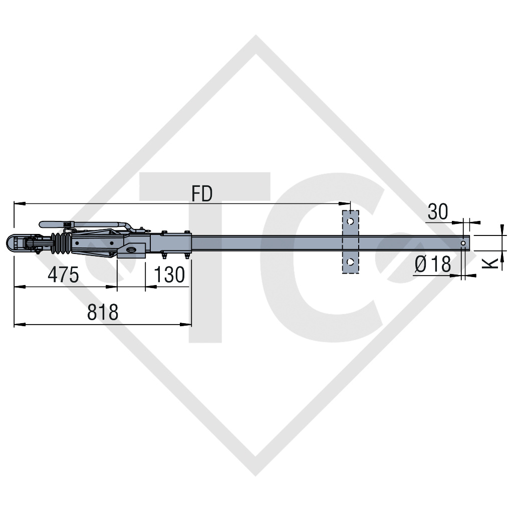 Drawbar installation ZAAR 1.35-1 with overrun device ZAAQ1.35-3 / ZDG7-3 drawbar section straight 750 to 1350kg, 48.25.181.101