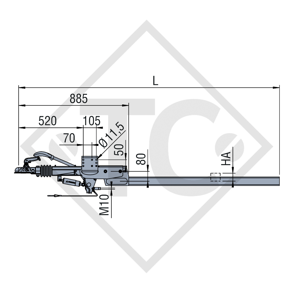 Commande de freinage ZAAR 1.6-3 avec timon freiné ZAAQ1.6-3 / ZDG7-3 coude carré 800 à 1600kg, 4021603