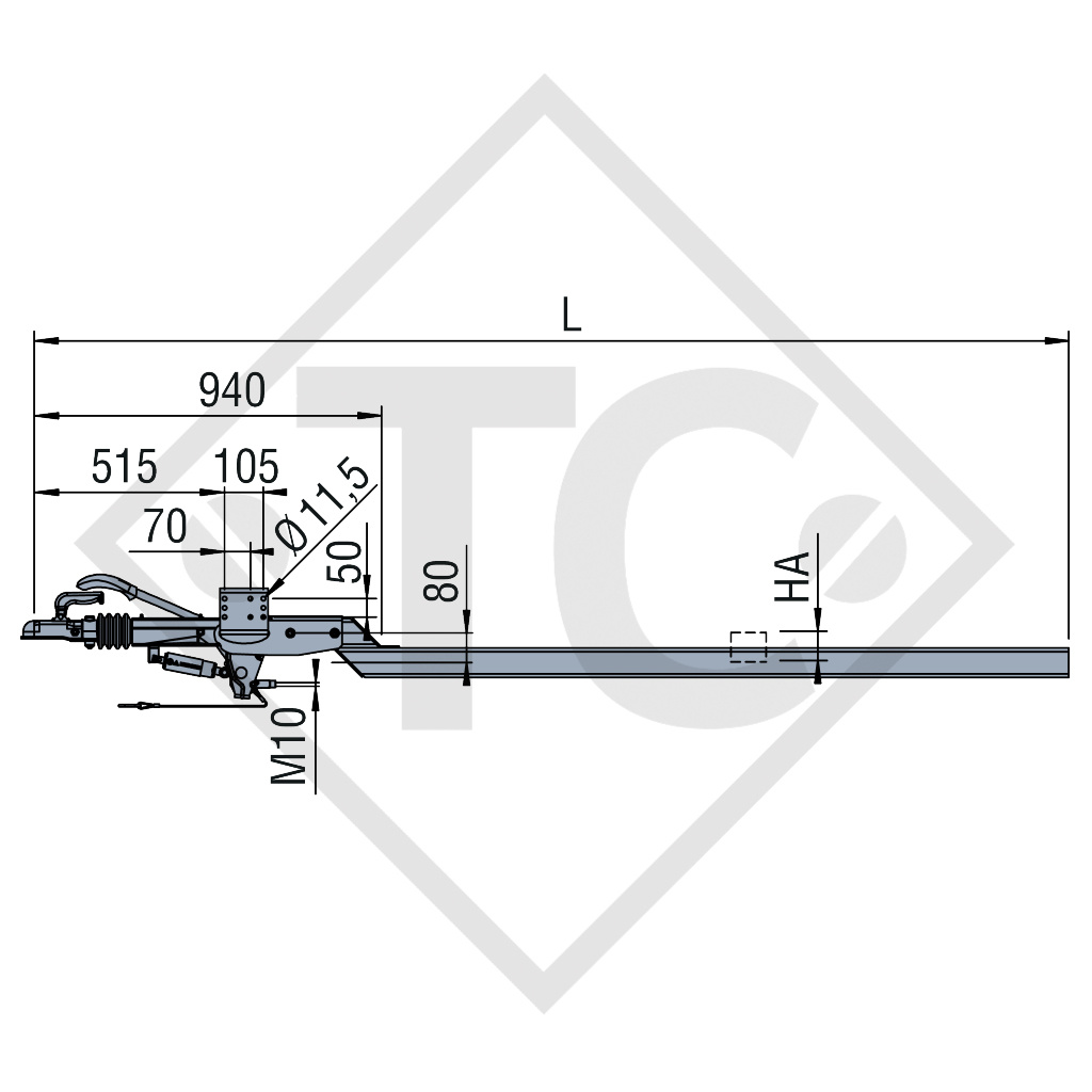 Commande de freinage ZAAR 2.0-3 avec timon freiné ZAAQ2.0-3 / ZDG8-3 coude carré 1250 à 2000kg, 48.36.381.086