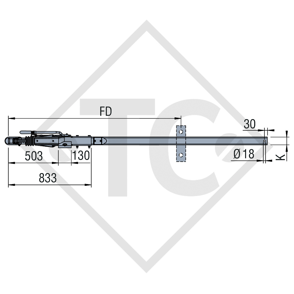 Drawbar installation ZAAR 2.0-3 with overrun device ZAAQ2.0-3 / ZDG8-3 drawbar section cranked 1250 to 2000kg, 48.36.381.086