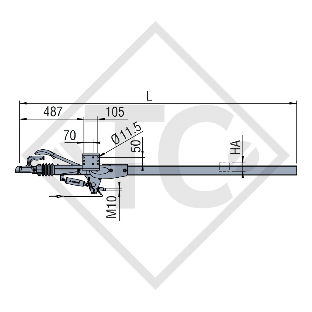 Drawbar installation ZAAR 1.35-1 with overrun device ZAAQ1.35-3 / ZDG7-3 drawbar section straight 750 to 1350kg, 48.25.181.108