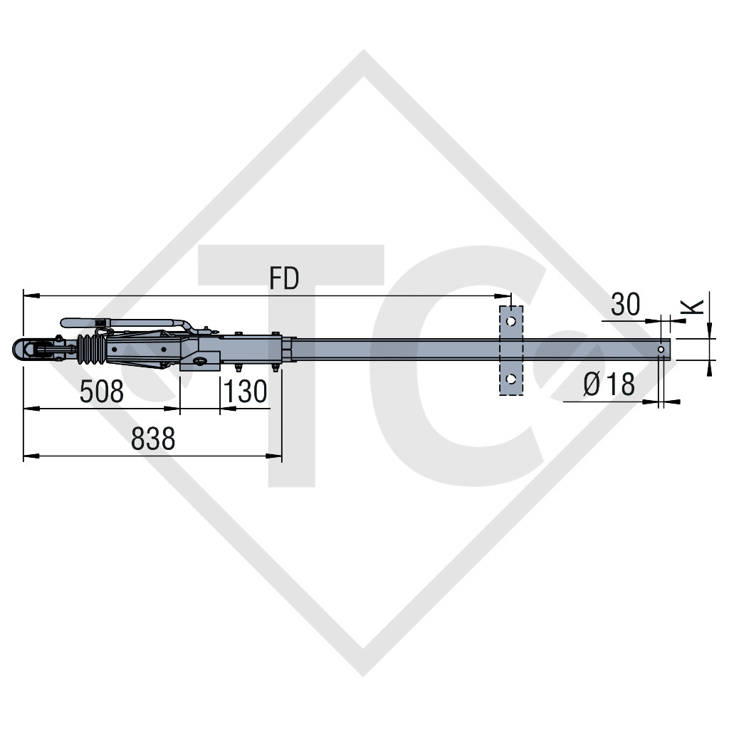 Drawbar installation ZAAR 1.35-3 with overrun device ZAAQ1.35-3 / ZDG7-3 drawbar section cranked 750 to 1350kg, 48.25.381.060