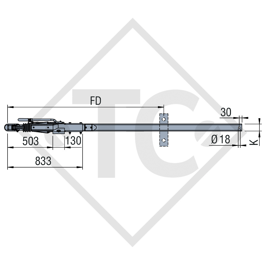 Drawbar installation ZAAR 2.0-3 with overrun device ZAAQ2.0-3 / ZDG8-3 drawbar section cranked 1250 to 2000kg, 48.36.381.087