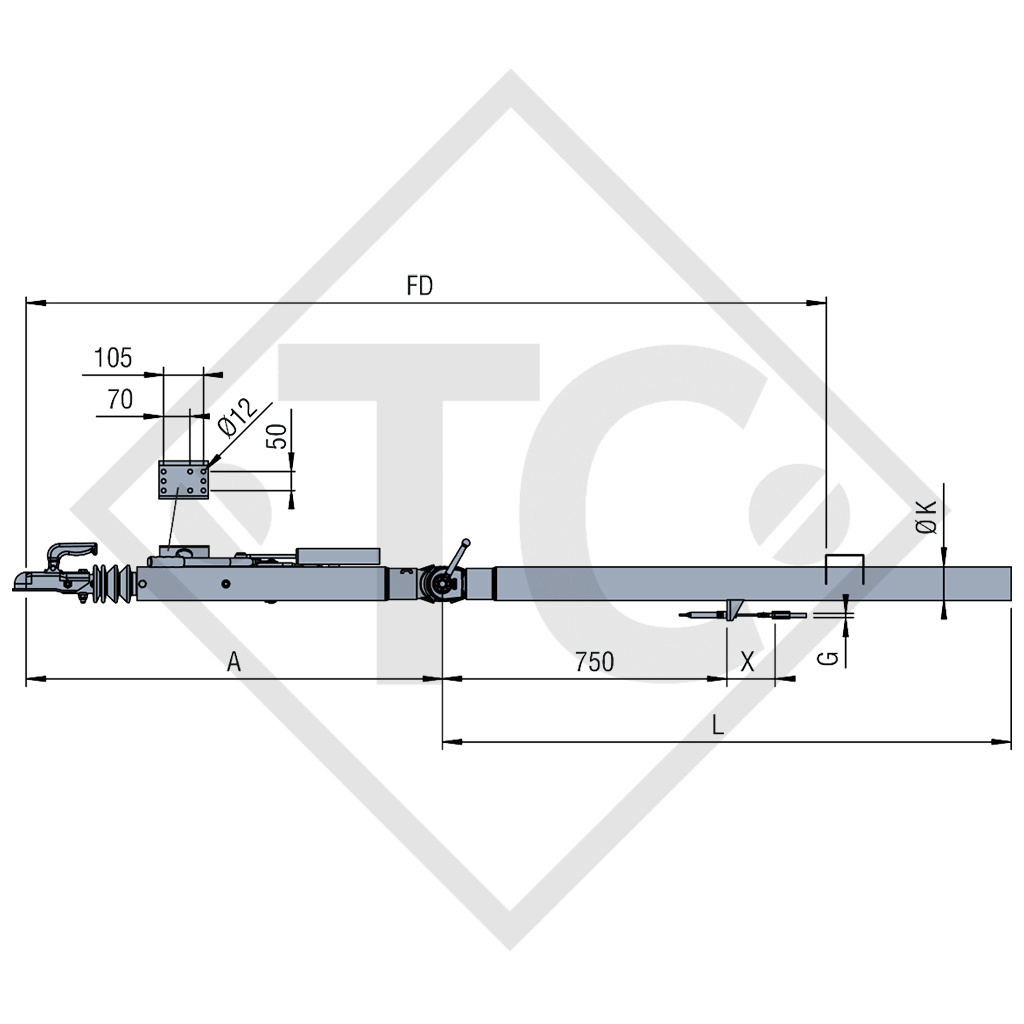 Drawbar installation ZAA 2.0-1.1 with overrun device AK 2008 and removable drawbar section from 1300 to 2000kg, 47.36.181.001