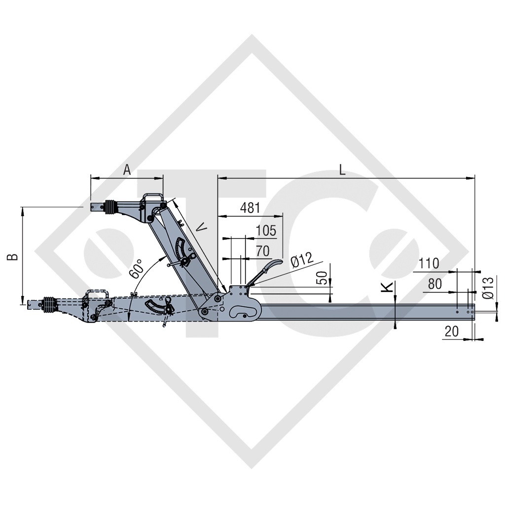 Repulsore ZAV 2.0-5 con freno a repulsione AE 2.7-1 C regolabile in altezza, con timone 1500 - 2000kg, 47.36.470.115