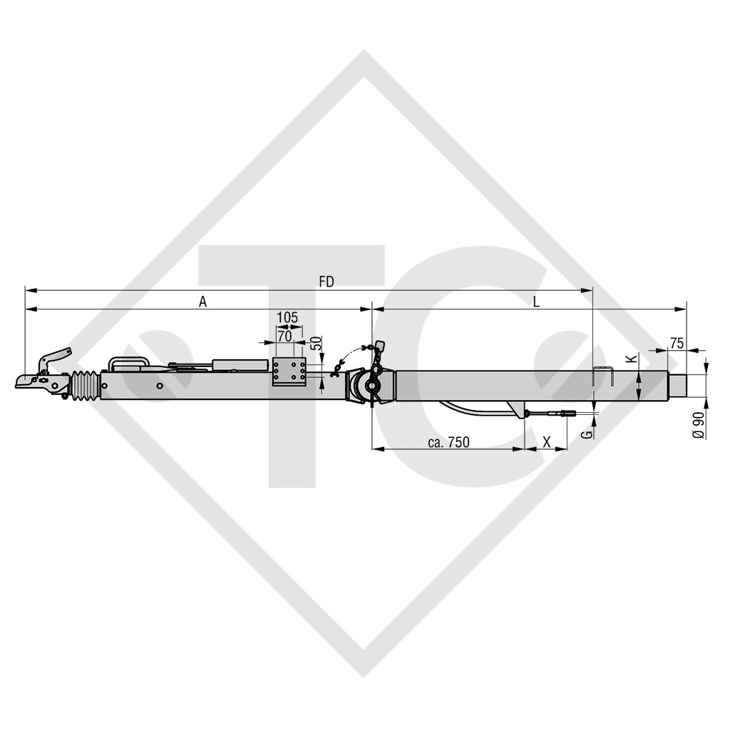 Zugeinrichtung ZAA 3.5-1.1 mit Auflaufeinrichtung AK 3510 A und Deichselprofil abnehmbar 2500 bis 3500kg, 47.51.181.003