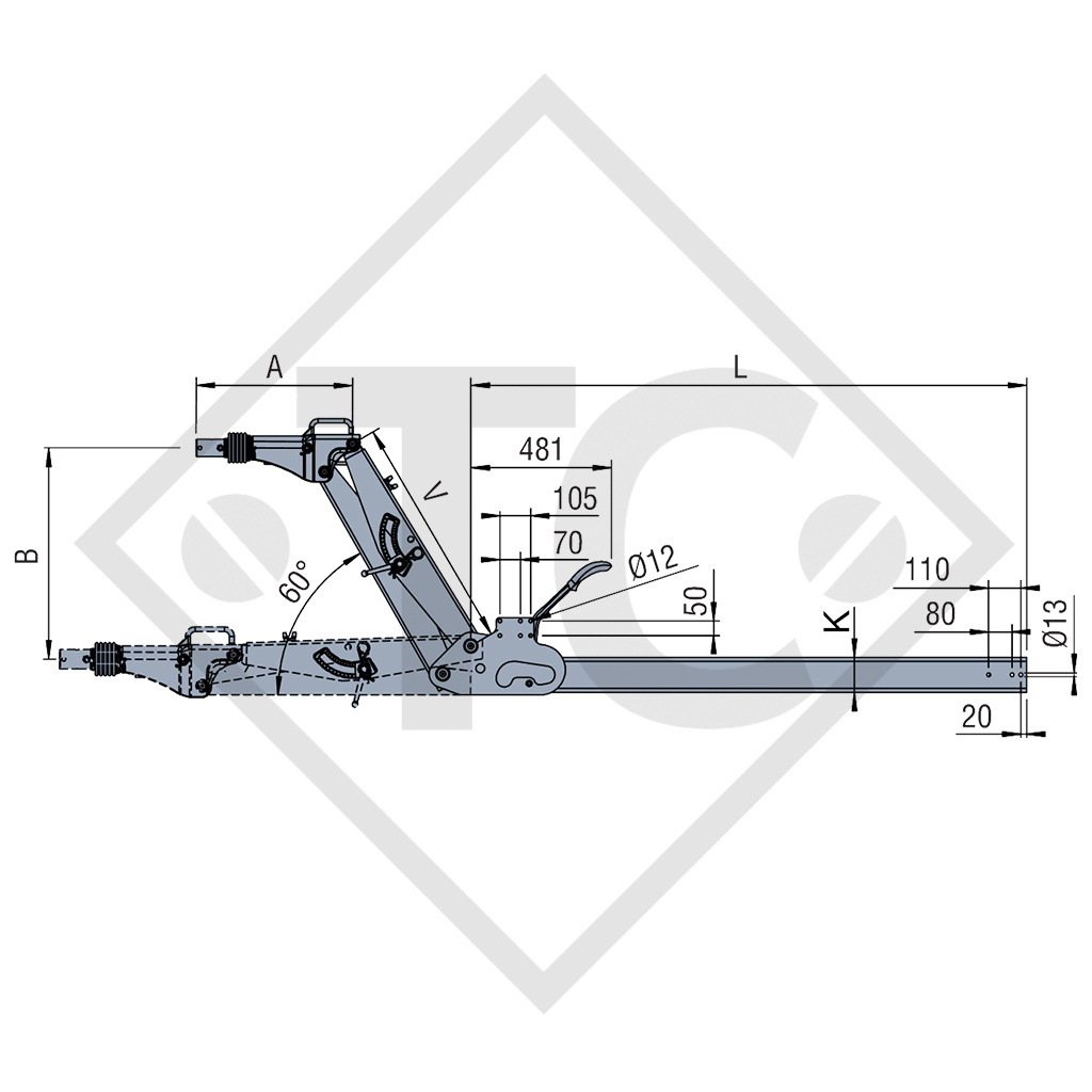 Drawbar installation ZAV 1.6-5 with overrun device AE 2.7-1 D height-adjustable, with drawbar section 1200 to 1600kg, 47.29.470.067