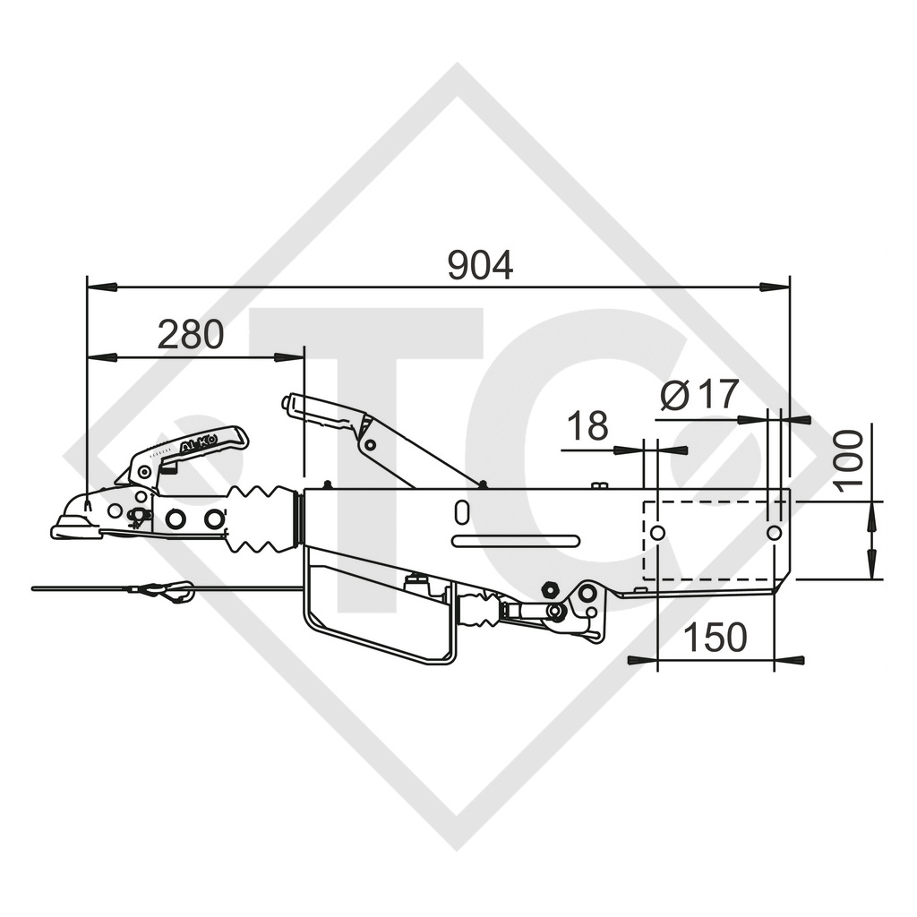 Overrun device square type 251S, 1500 to 2600kg, without jockey wheel carrier, with hydraulic brake transmission device