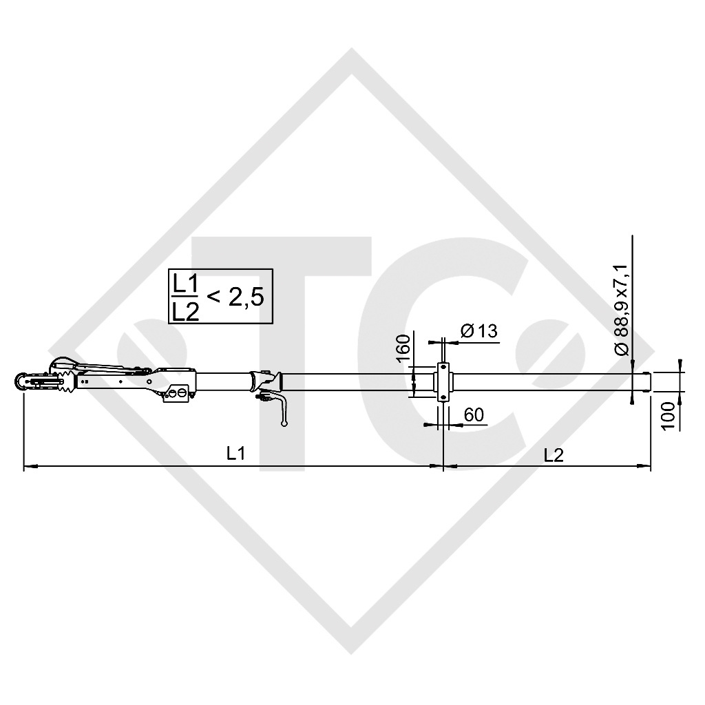 Square overrun device type 161 S - ZE 252R with removable drawbar section from 950 to 1600kg