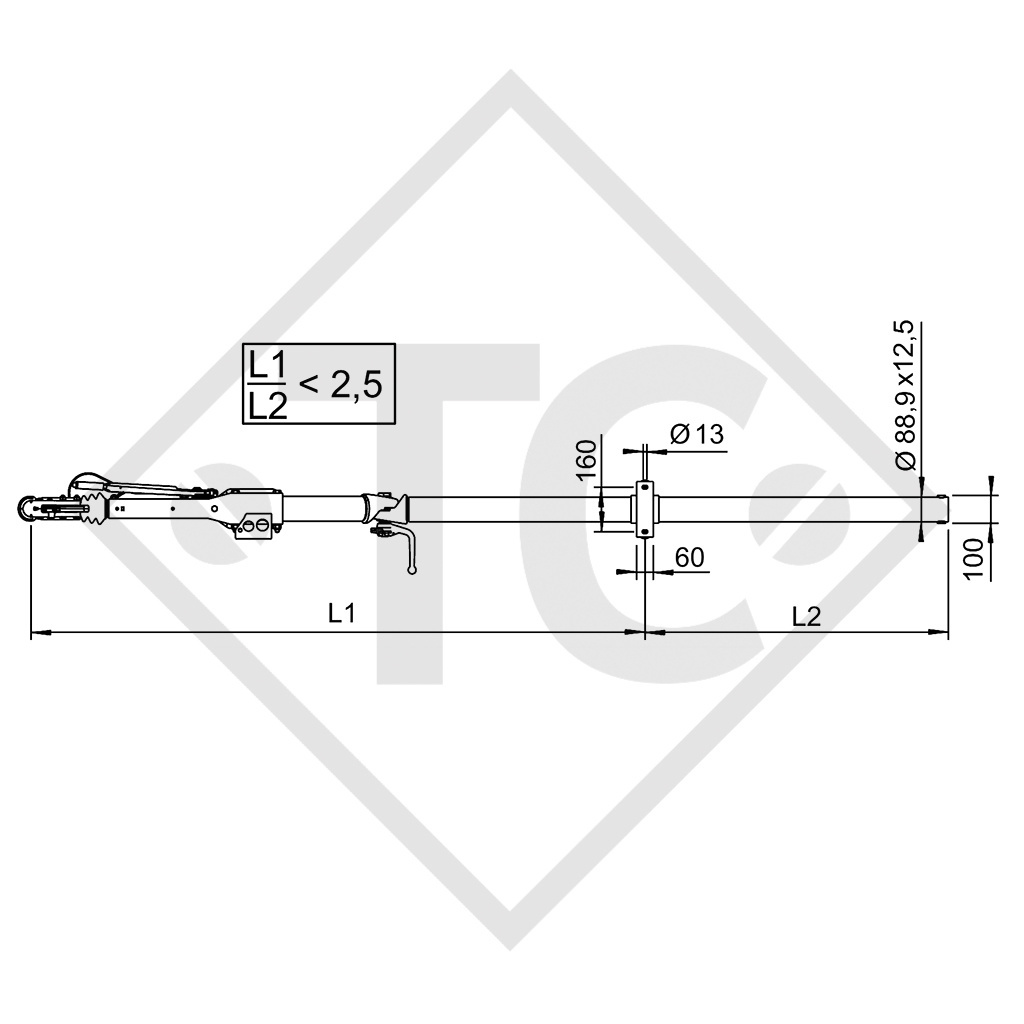 Enganche de inercia cuadrado modelo 251 S - ZE 252R con lanza desmontable 1500 a 2600kg