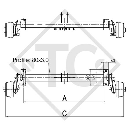 Braked axle 900kg EURO COMPACT axle type B 850-5