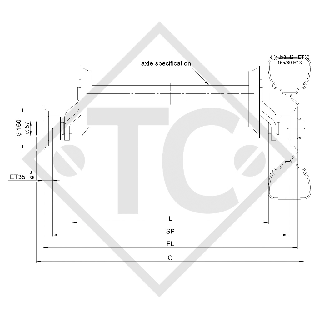 Essieu ECO 750kg non freiné type d'essieu CB 754, 46.14.000.002, HUMBAUR