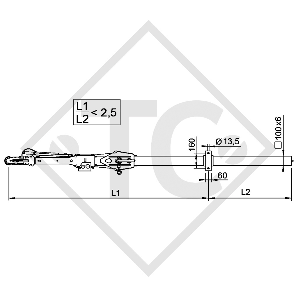 Square overrun device type 161 S - K26-S with sideways swivelling drawbar section from 950 to 1600kg