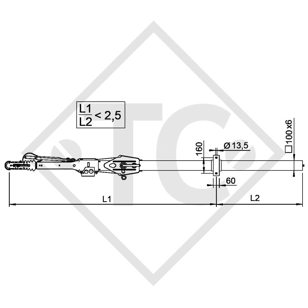 Timon coude carré freiné type 251 S - K26-S avec timon pivotant 1500 à 2600kg