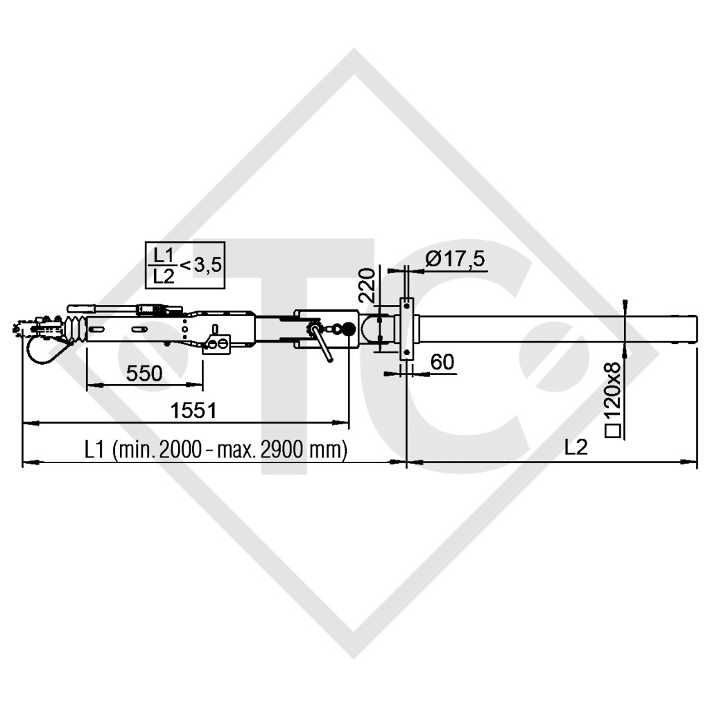 Square overrun device type 2,8 VB/1-C - K35-S with sideways swivelling drawbar section from 2500 to 3500kg