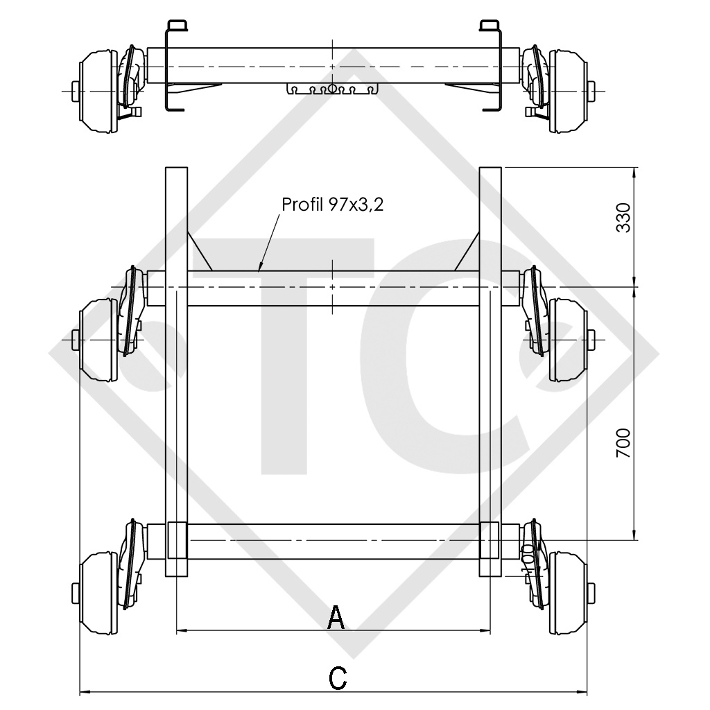 Conjuntos ejes tándem con freno 2500kg EURO COMPACT tipo de eje 2xB 1200-5 Brenderup U110